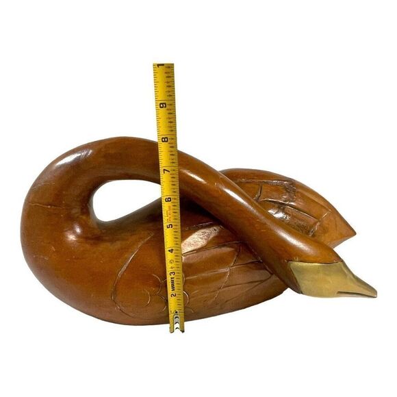 Large Vintage Midcentury Modern Wooden Swan Sculpture Goose Brass Beak 13” Wood - Picture 8 of 9